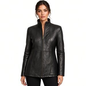 Genuine Leather Womens Jacket Size Large Black Stitch Full Zip Luxury Biker